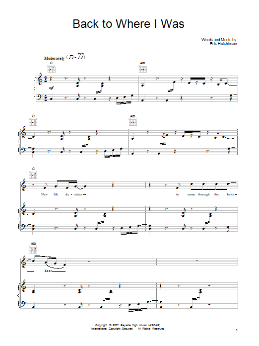Eric Hutchinson Back To Where I Was sheet music notes and chords arranged for Piano, Vocal & Guitar Chords (Right-Hand Melody)