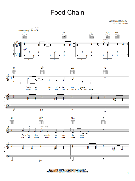 Eric Hutchinson Food Chain sheet music notes and chords arranged for Piano, Vocal & Guitar Chords (Right-Hand Melody)