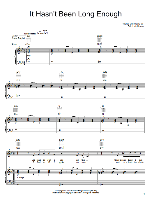 Eric Hutchinson It Hasn't Been Long Enough sheet music notes and chords arranged for Piano, Vocal & Guitar Chords (Right-Hand Melody)