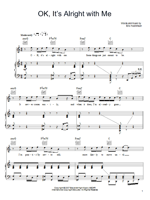 Eric Hutchinson OK, It's Alright With Me sheet music notes and chords arranged for Piano, Vocal & Guitar Chords (Right-Hand Melody)