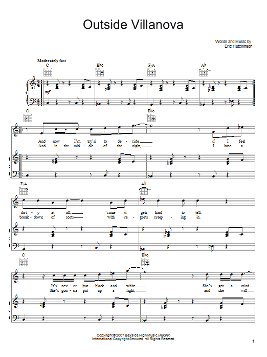 Eric Hutchinson Outside Villanova sheet music notes and chords arranged for Piano, Vocal & Guitar Chords (Right-Hand Melody)