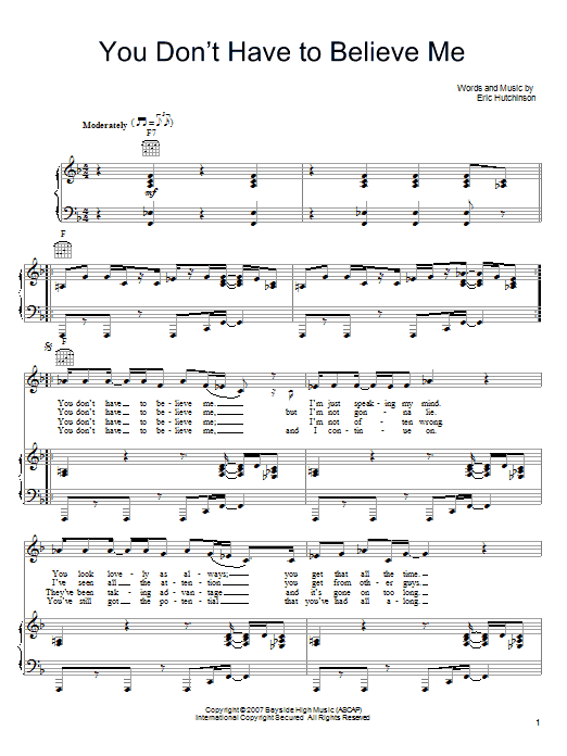 Eric Hutchinson You Don't Have To Believe Me sheet music notes and chords arranged for Piano, Vocal & Guitar Chords (Right-Hand Melody)