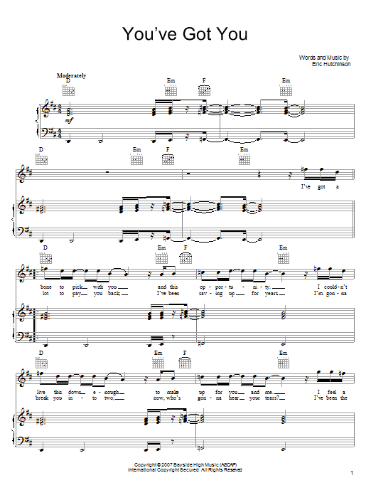 Eric Hutchinson You've Got You sheet music notes and chords arranged for Piano, Vocal & Guitar Chords (Right-Hand Melody)
