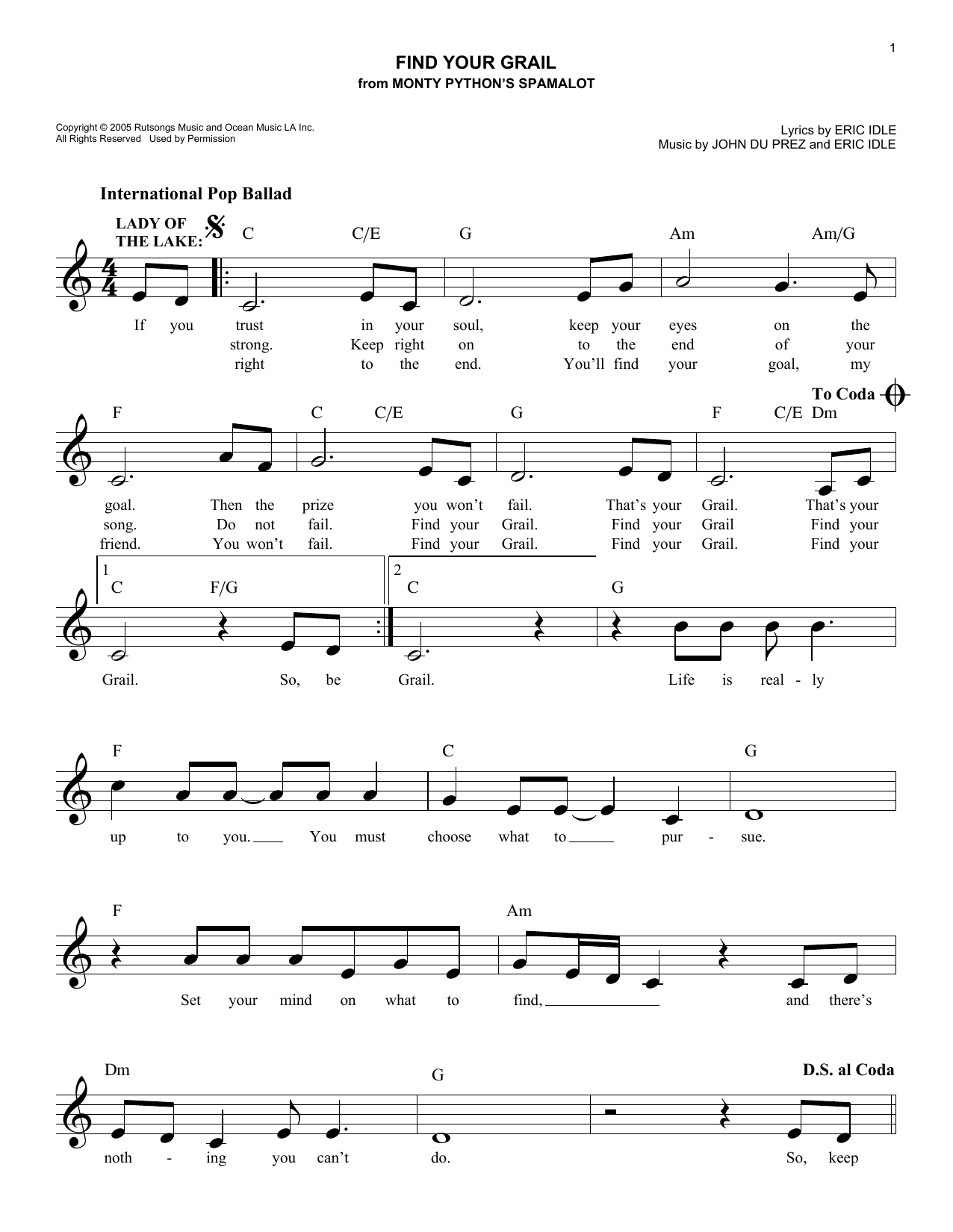 Eric Idle Find Your Grail sheet music notes and chords arranged for Easy Lead Sheet / Fake Book