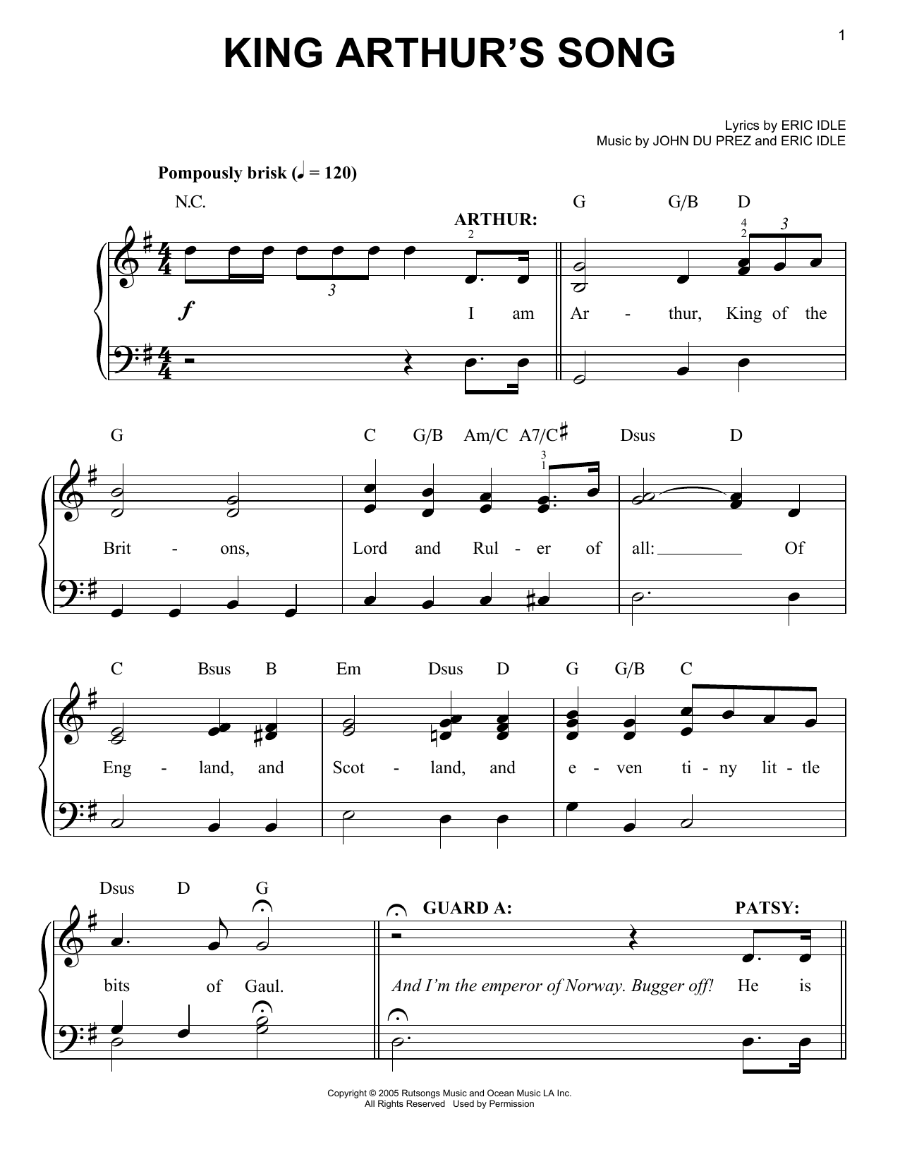 Eric Idle King Arthur's Song sheet music notes and chords arranged for Easy Piano