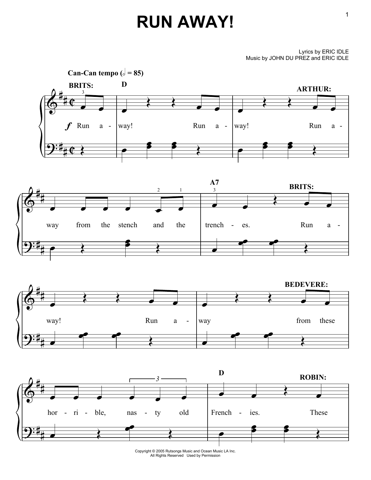 Eric Idle Run Away! sheet music notes and chords arranged for Easy Piano