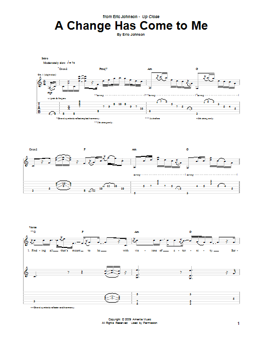 Eric Johnson A Change Has Come To Me sheet music notes and chords arranged for Guitar Tab