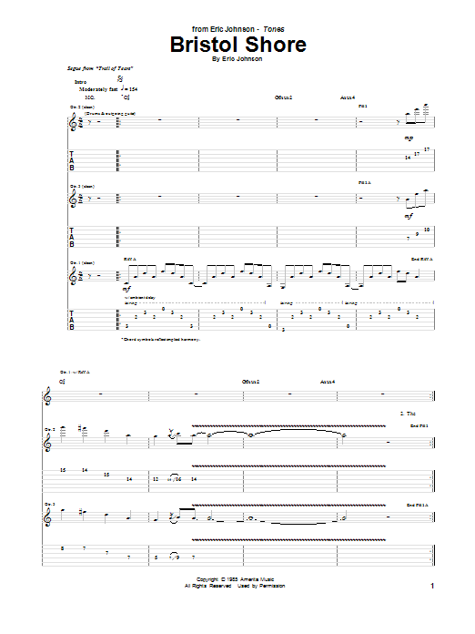 Eric Johnson Bristol Shore sheet music notes and chords arranged for Guitar Tab