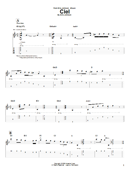 Eric Johnson Ciel sheet music notes and chords arranged for Guitar Tab