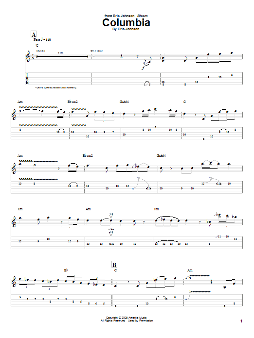 Eric Johnson Columbia sheet music notes and chords arranged for Guitar Tab