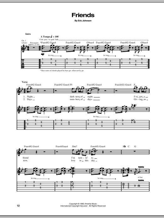 Eric Johnson Friends sheet music notes and chords arranged for Guitar Tab