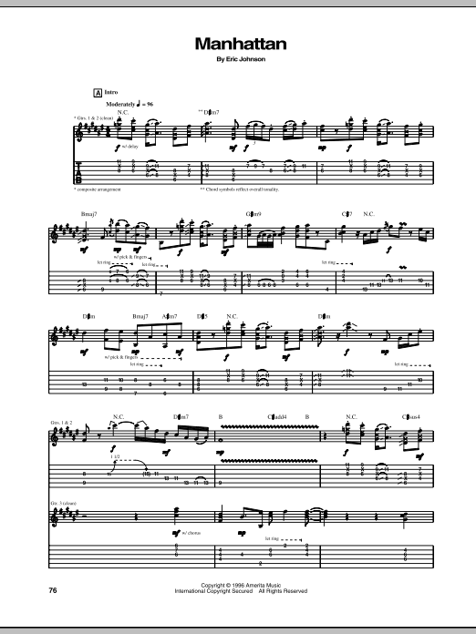 Eric Johnson Manhattan sheet music notes and chords arranged for Guitar Tab (Single Guitar)