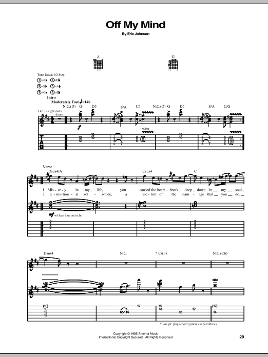 Eric Johnson Off My Mind sheet music notes and chords arranged for Guitar Tab