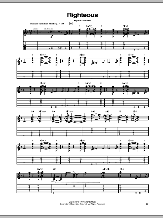 Eric Johnson Righteous sheet music notes and chords arranged for Guitar Tab