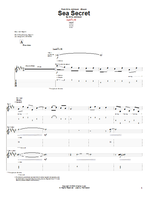 Eric Johnson Sea Secret sheet music notes and chords arranged for Guitar Tab