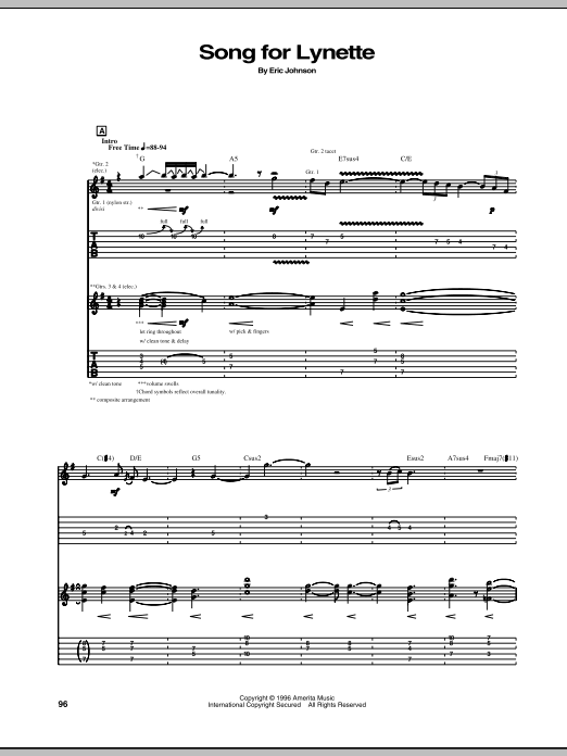 Eric Johnson Song For Lynette sheet music notes and chords arranged for Guitar Tab