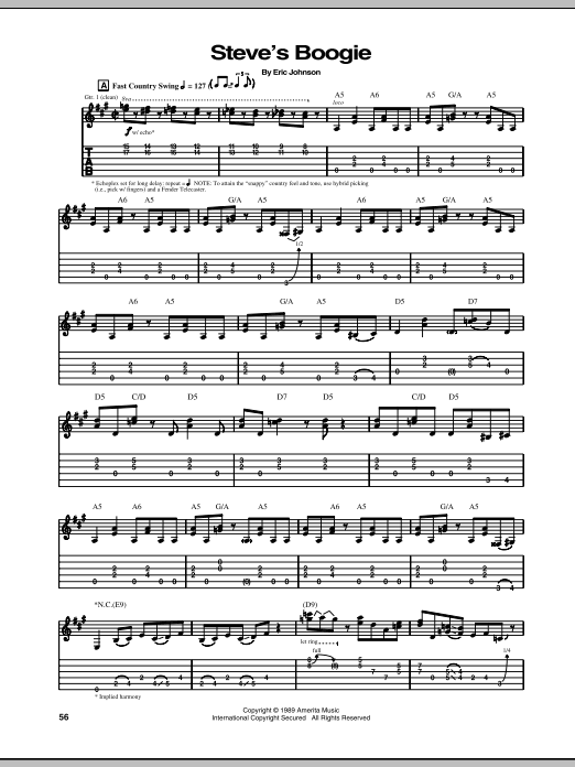 Eric Johnson Steve's Boogie sheet music notes and chords arranged for Guitar Tab