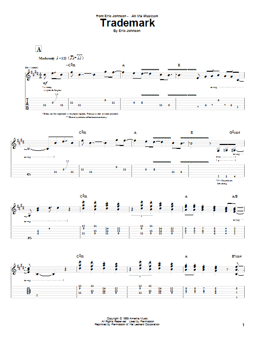 Eric Johnson Trademark sheet music notes and chords arranged for Guitar Tab (Single Guitar)