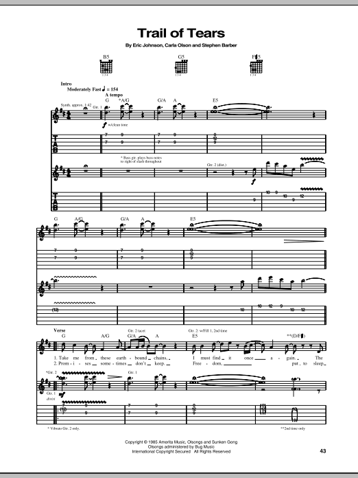 Eric Johnson Trail Of Tears sheet music notes and chords arranged for Guitar Tab