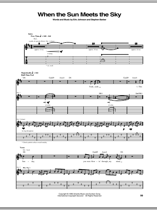 Eric Johnson When The Sun Meets The Sky sheet music notes and chords arranged for Guitar Tab