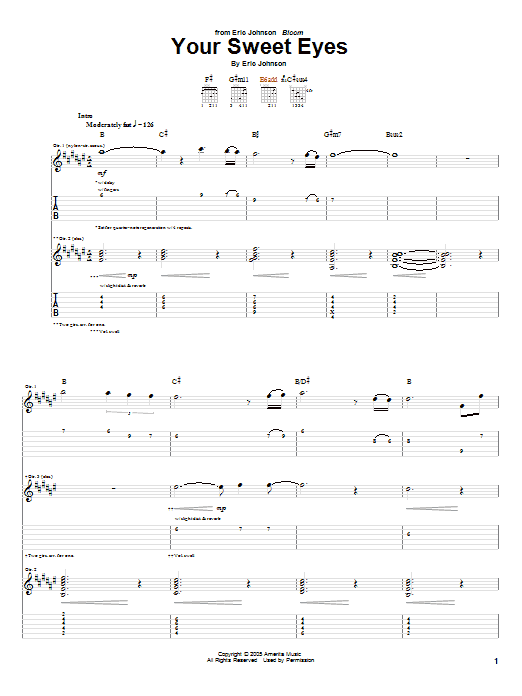Eric Johnson Your Sweet Eyes sheet music notes and chords arranged for Guitar Tab