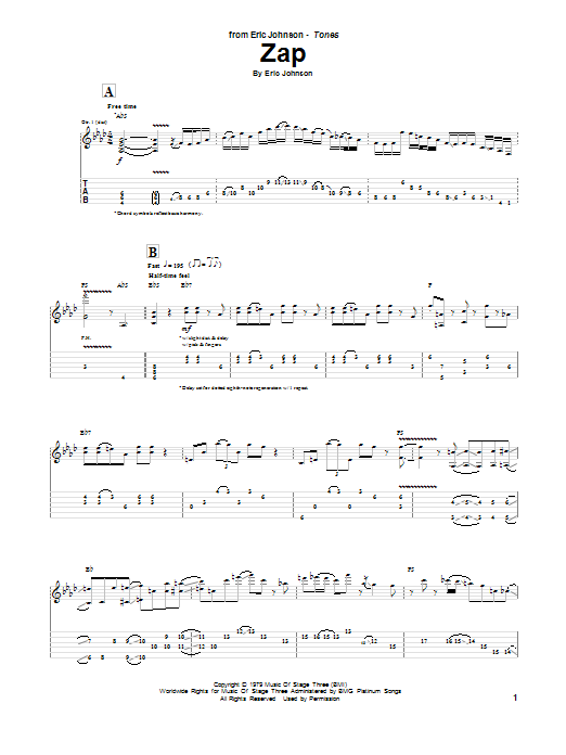 Eric Johnson Zap sheet music notes and chords arranged for Guitar Tab