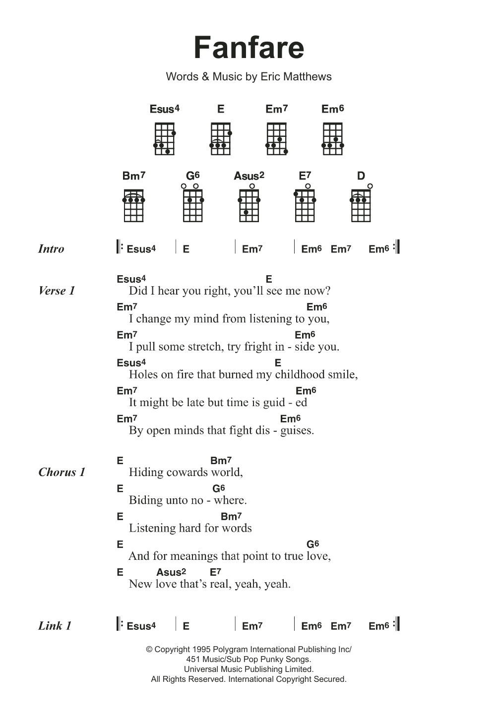 Eric Matthews Fanfare sheet music notes and chords arranged for Ukulele