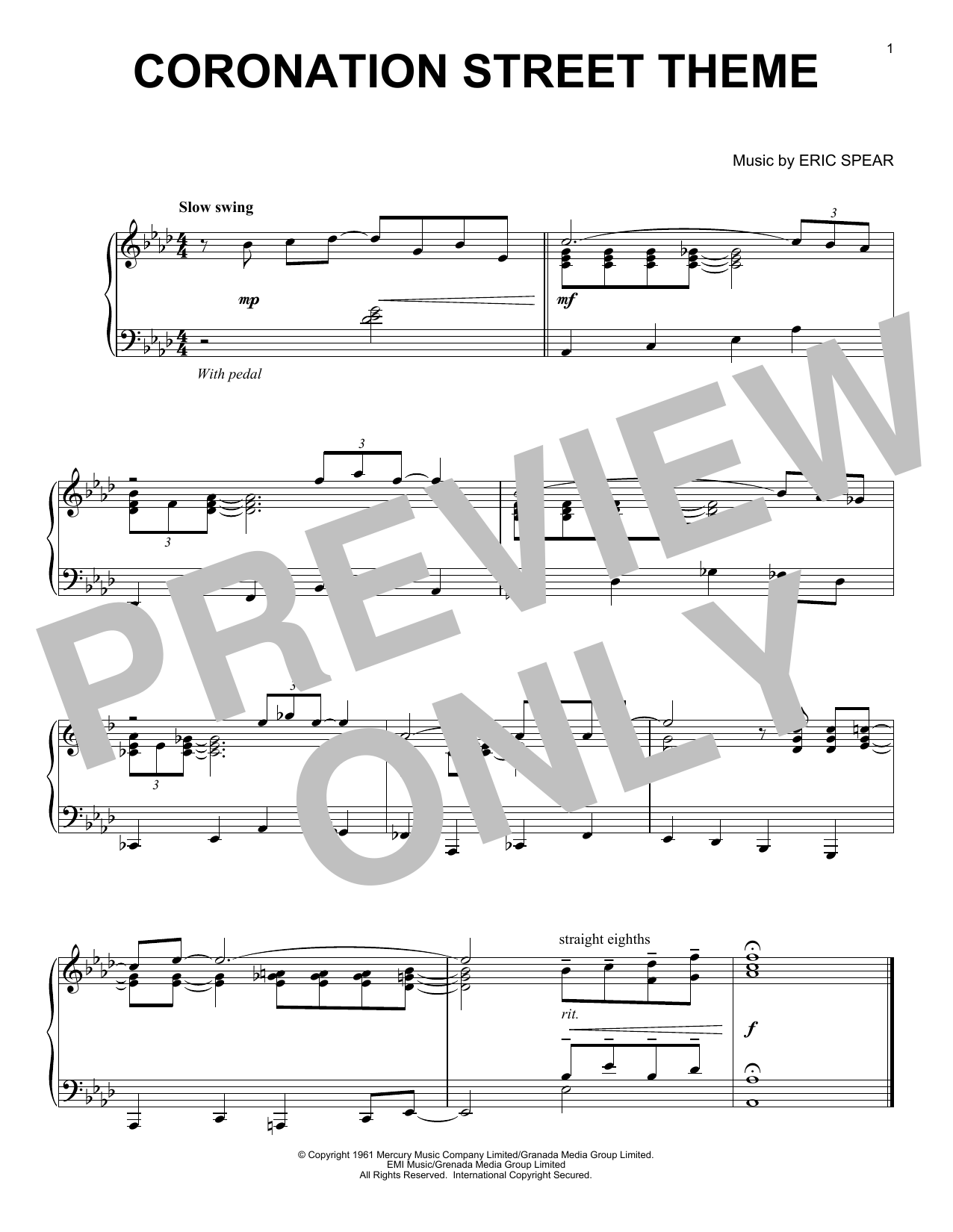 Eric Spear Coronation Street Theme sheet music notes and chords arranged for Piano Solo