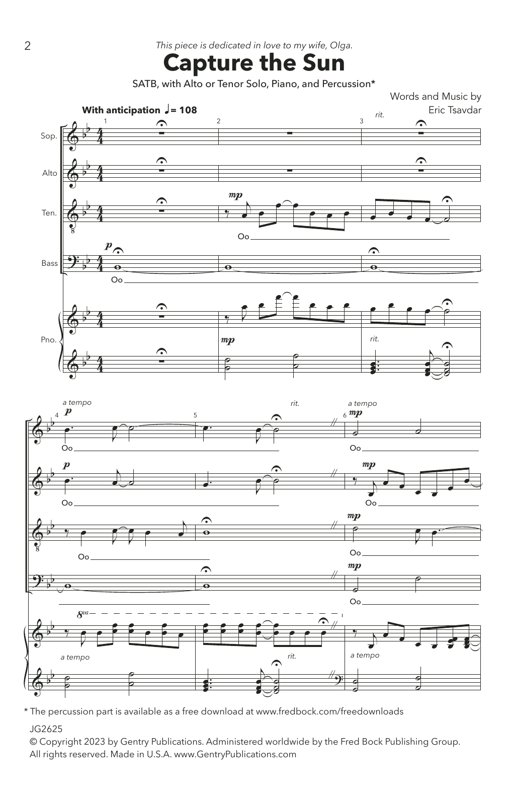 Eric Tsavdar Capture The Sun sheet music notes and chords arranged for SATB Choir