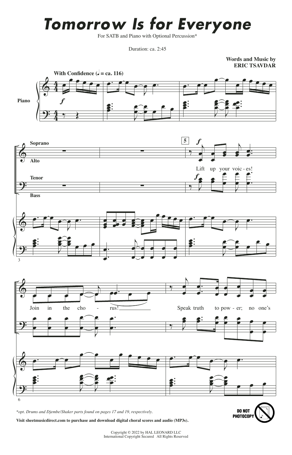Eric Tsavdar Tomorrow Is For Everyone sheet music notes and chords arranged for SATB Choir