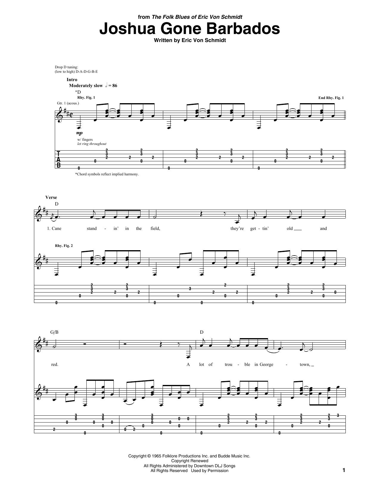 Eric von Schmidt Joshua Gone Barbados sheet music notes and chords arranged for Guitar Tab
