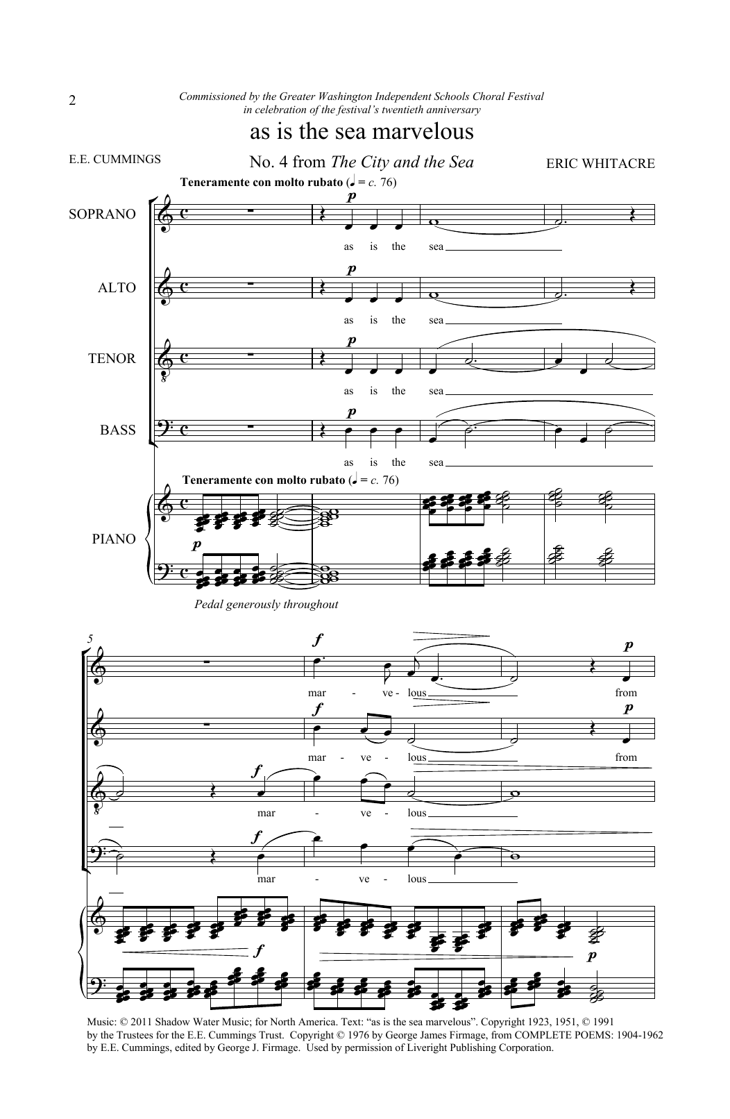 Eric Whitacre As Is The Sea Marvelous (From 'The City And The Sea') sheet music notes and chords arranged for SATB Choir