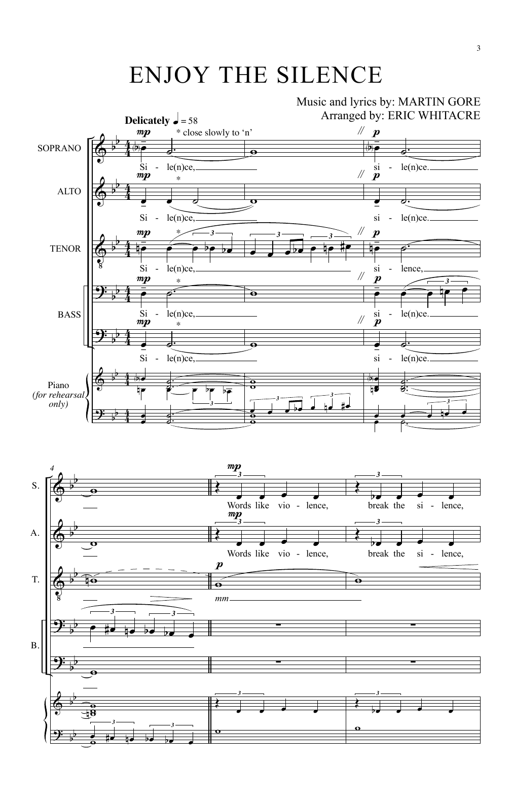 Eric Whitacre Enjoy The Silence sheet music notes and chords arranged for SATB Choir