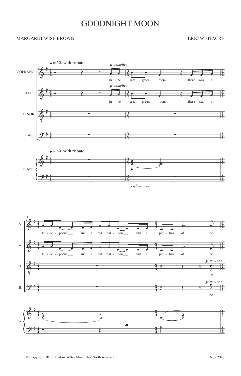 Eric Whitacre Goodnight Moon sheet music notes and chords arranged for SATB Choir