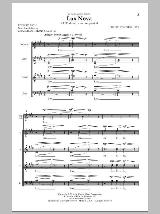 Eric Whitacre Lux Nova sheet music notes and chords arranged for SATB Choir