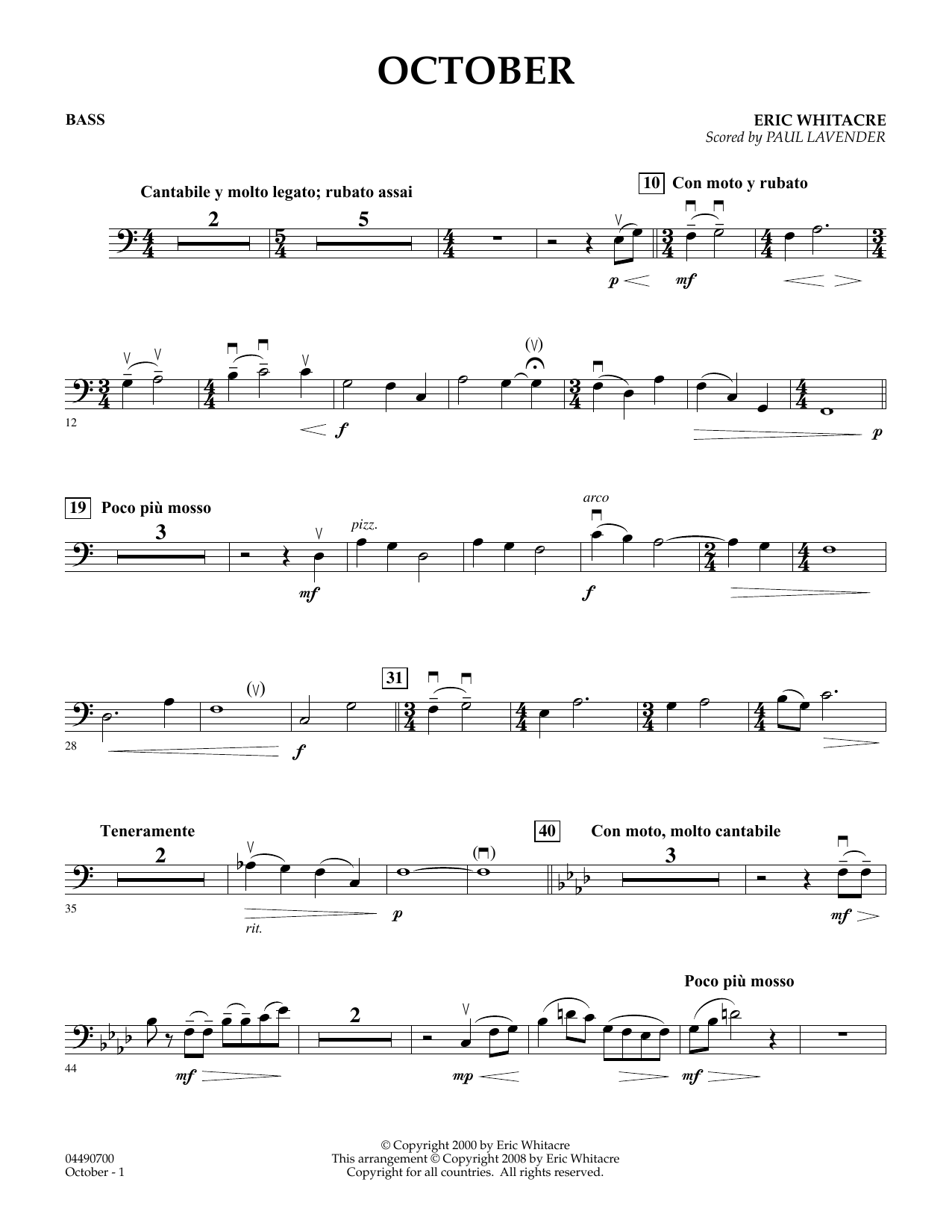 Eric Whitacre October - Bass (arr. Paul Lavender) sheet music notes and chords arranged for Orchestra