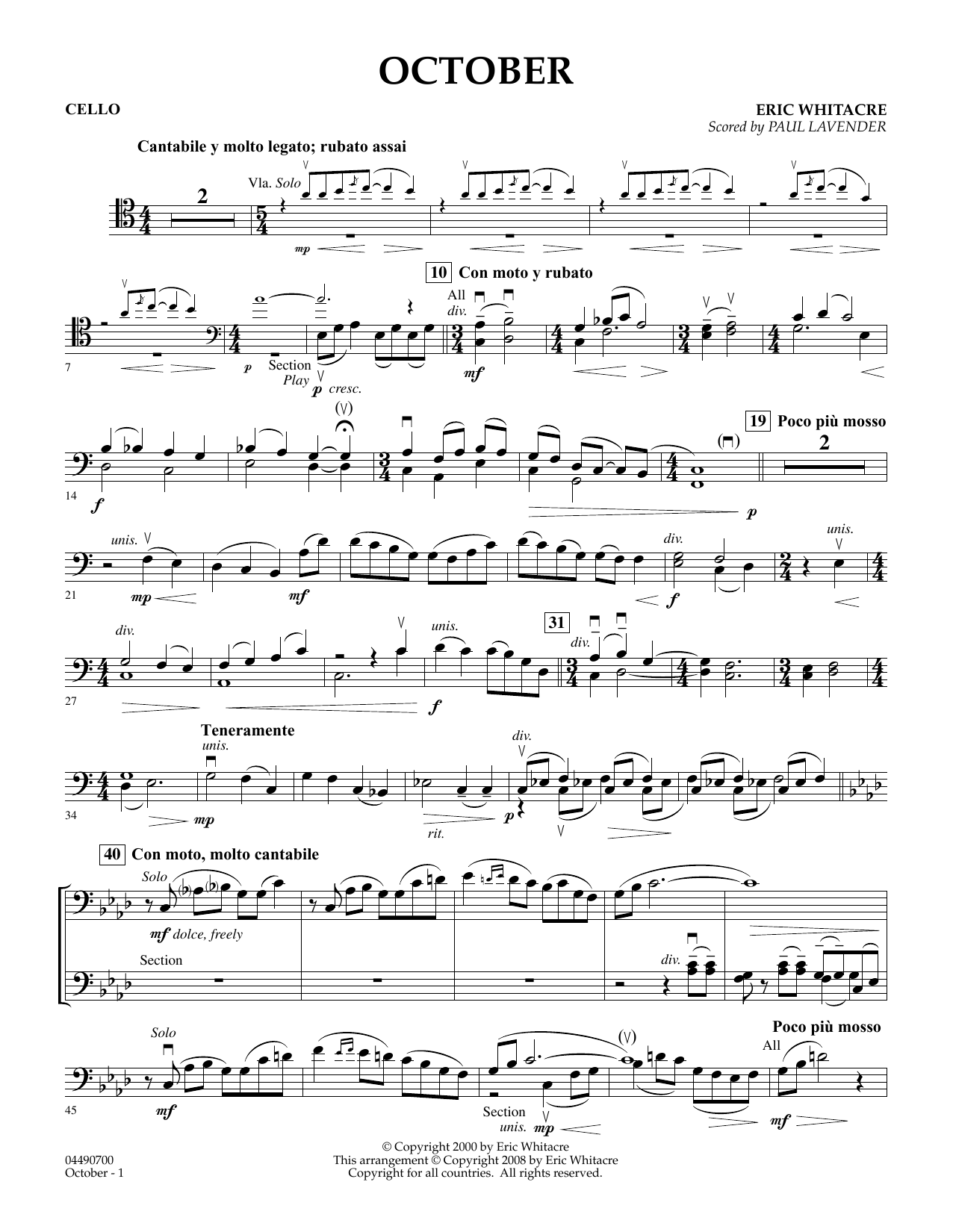 Eric Whitacre October - Cello (arr. Paul Lavender) sheet music notes and chords arranged for Orchestra