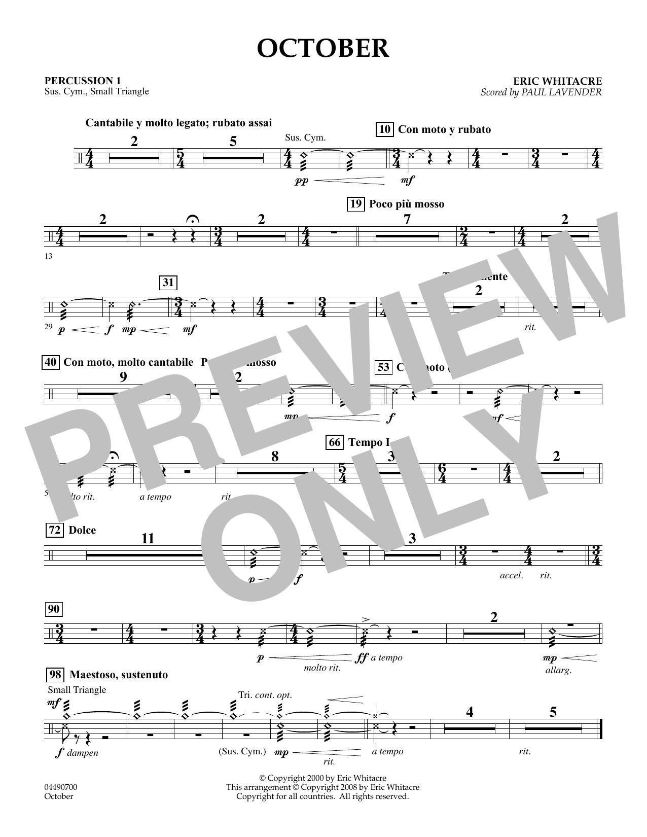 Eric Whitacre October - Percussion 1 (arr. Paul Lavender) sheet music notes and chords arranged for Orchestra