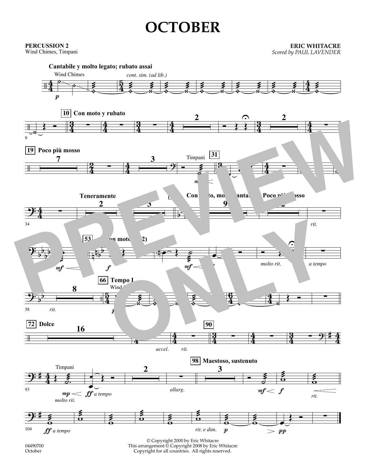 Eric Whitacre October - Percussion 2 (arr. Paul Lavender) sheet music notes and chords arranged for Orchestra
