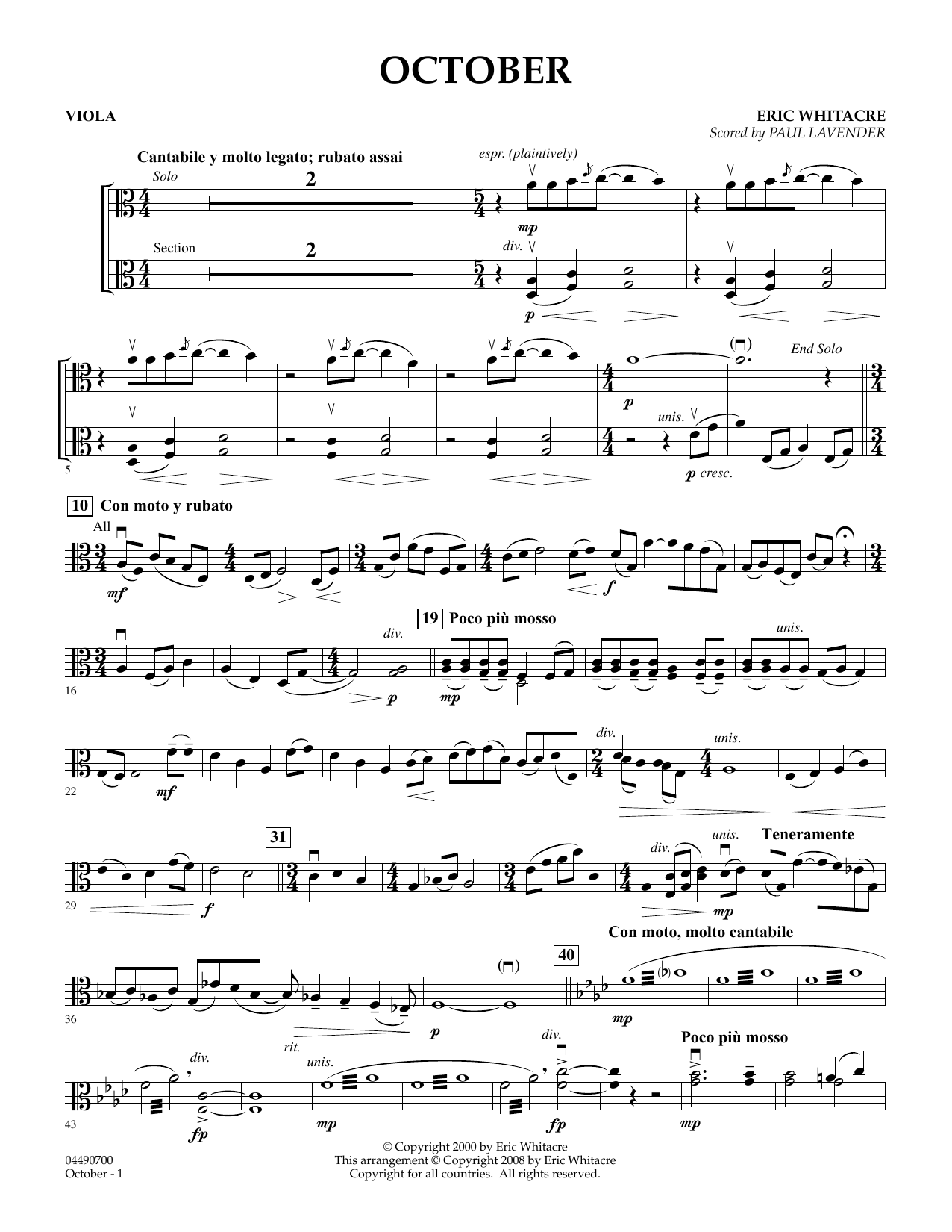 Eric Whitacre October - Viola (arr. Paul Lavender) sheet music notes and chords arranged for Orchestra