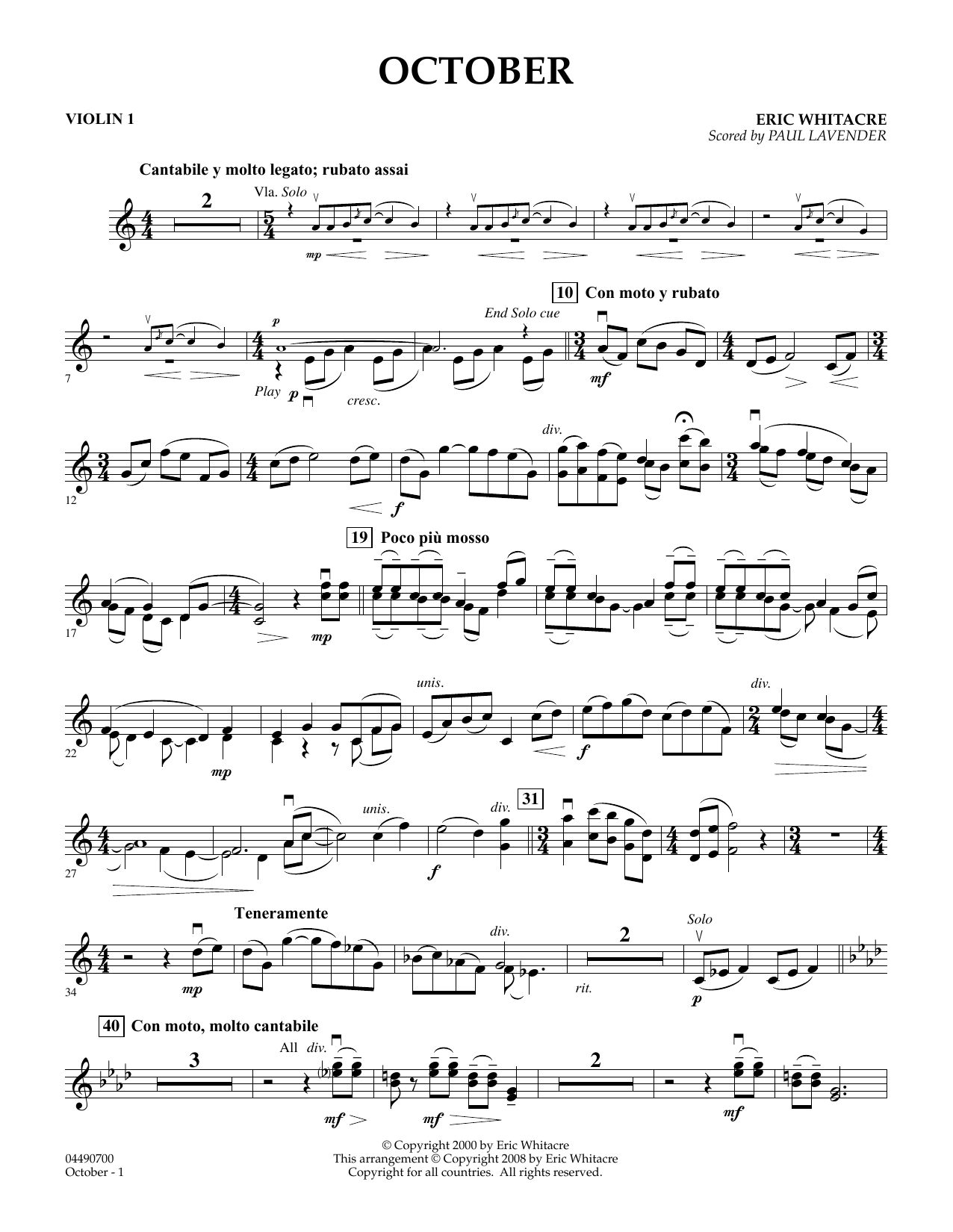 Eric Whitacre October - Violin 1 (arr. Paul Lavender) sheet music notes and chords arranged for Orchestra