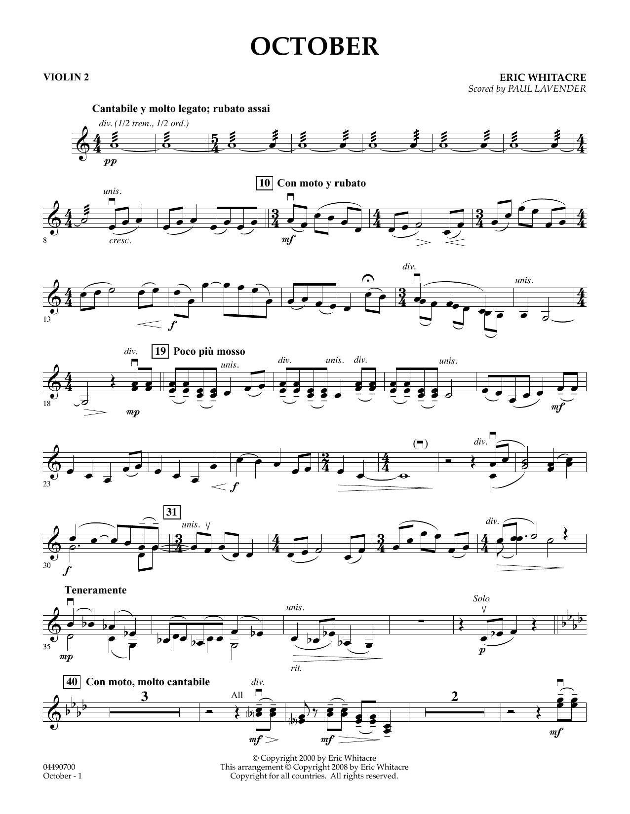 Eric Whitacre October - Violin 2 (arr. Paul Lavender) sheet music notes and chords arranged for Orchestra