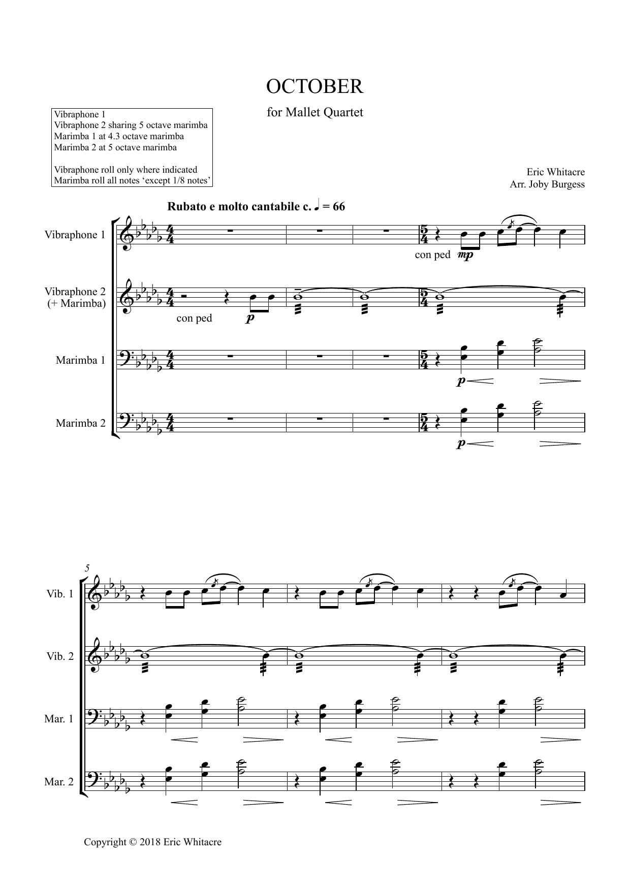 Eric Whitacre October (Alleluia) for Mallet Quartet (arr. Joby Burgess) - Full Score sheet music notes and chords arranged for Percussion Ensemble