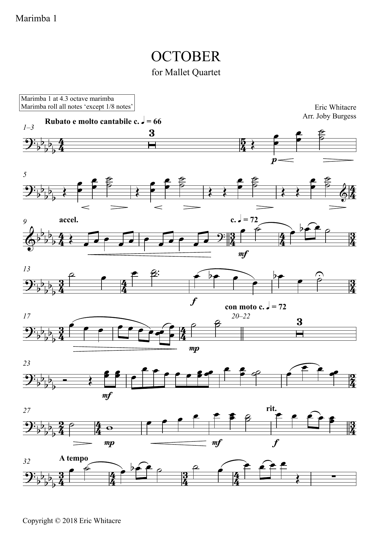 Eric Whitacre October (Alleluia) for Mallet Quartet (arr. Joby Burgess) - Marimba 1 sheet music notes and chords arranged for Percussion Ensemble
