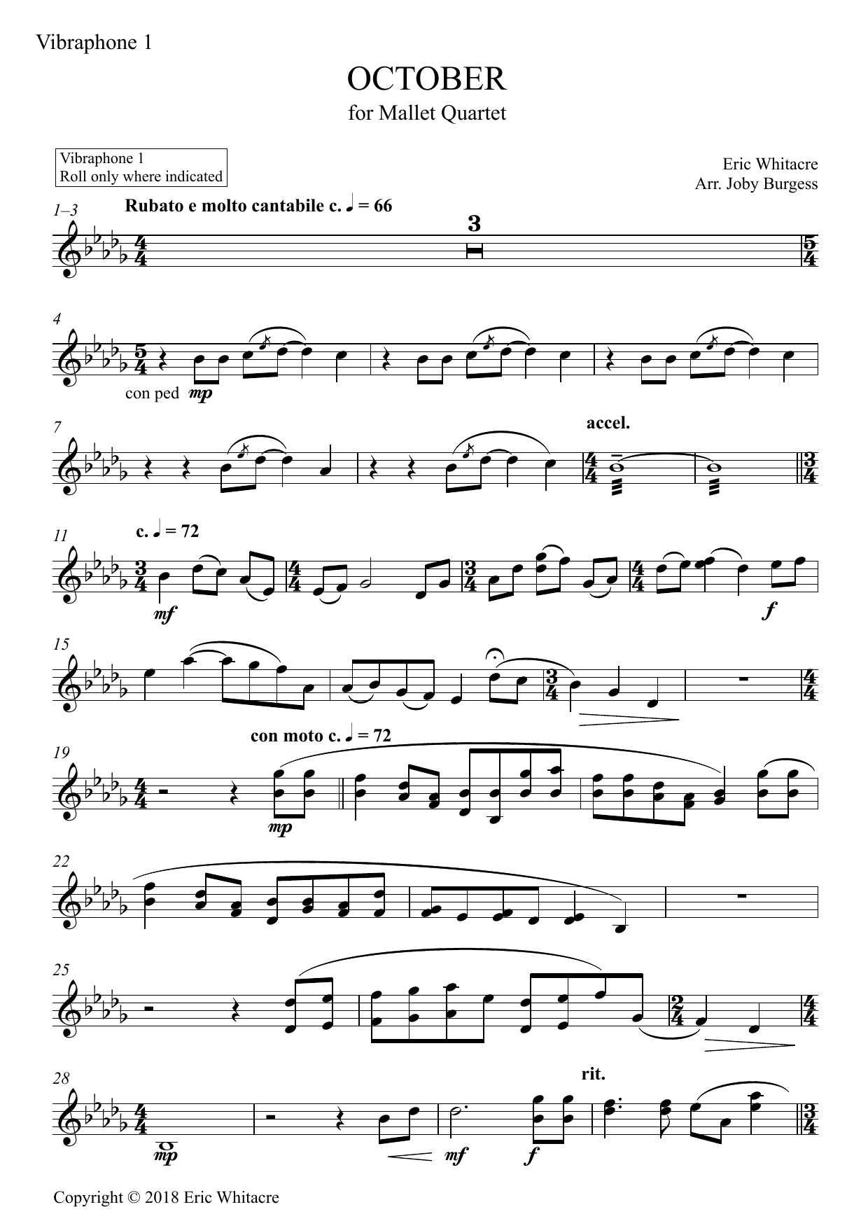 Eric Whitacre October (Alleluia) for Mallet Quartet (arr. Joby Burgess) - Vibraphone 1 sheet music notes and chords arranged for Percussion Ensemble