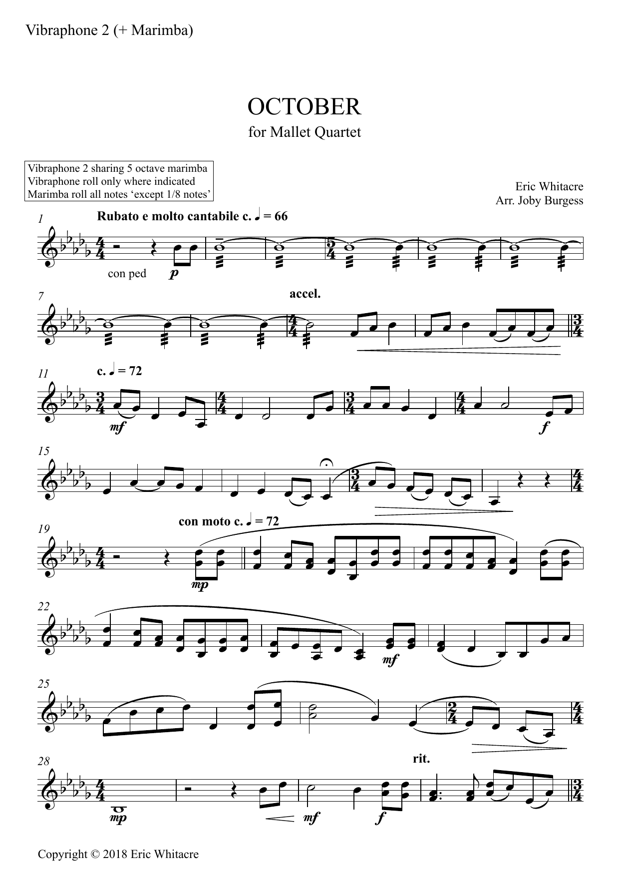 Eric Whitacre October (Alleluia) for Mallet Quartet (arr. Joby Burgess) - VIBRAPHONE 2 SHARE MARIMBA 2 sheet music notes and chords arranged for Percussion Ensemble