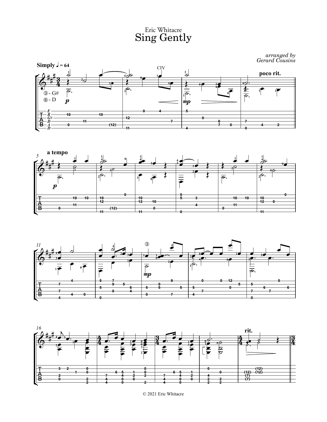 Eric Whitacre Sing Gently (arr. Gerard Cousins) sheet music notes and chords arranged for Solo Guitar