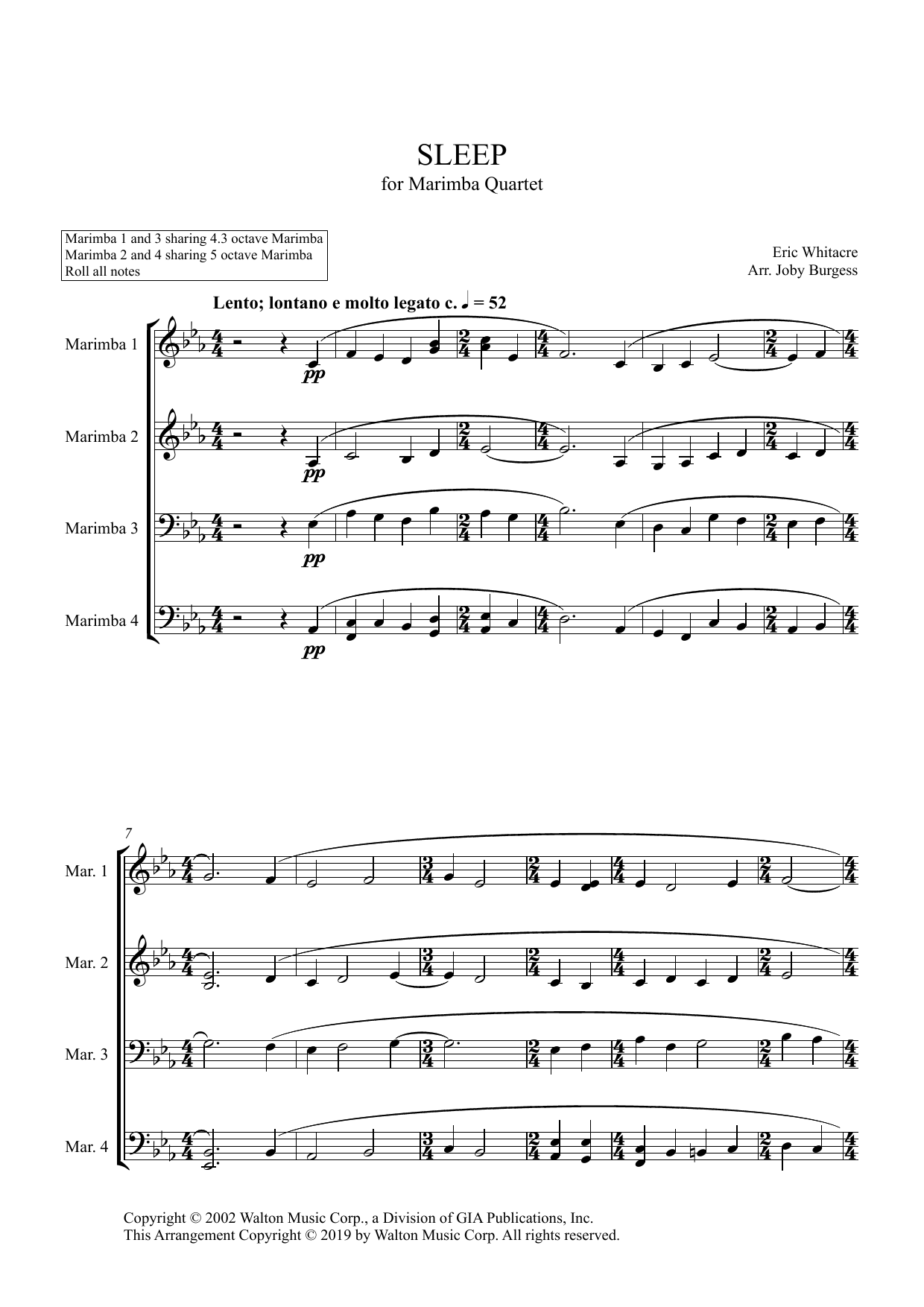 Eric Whitacre Sleep for Marimba Quartet (arr. Joby Burgess) - Full Score sheet music notes and chords arranged for Percussion Ensemble