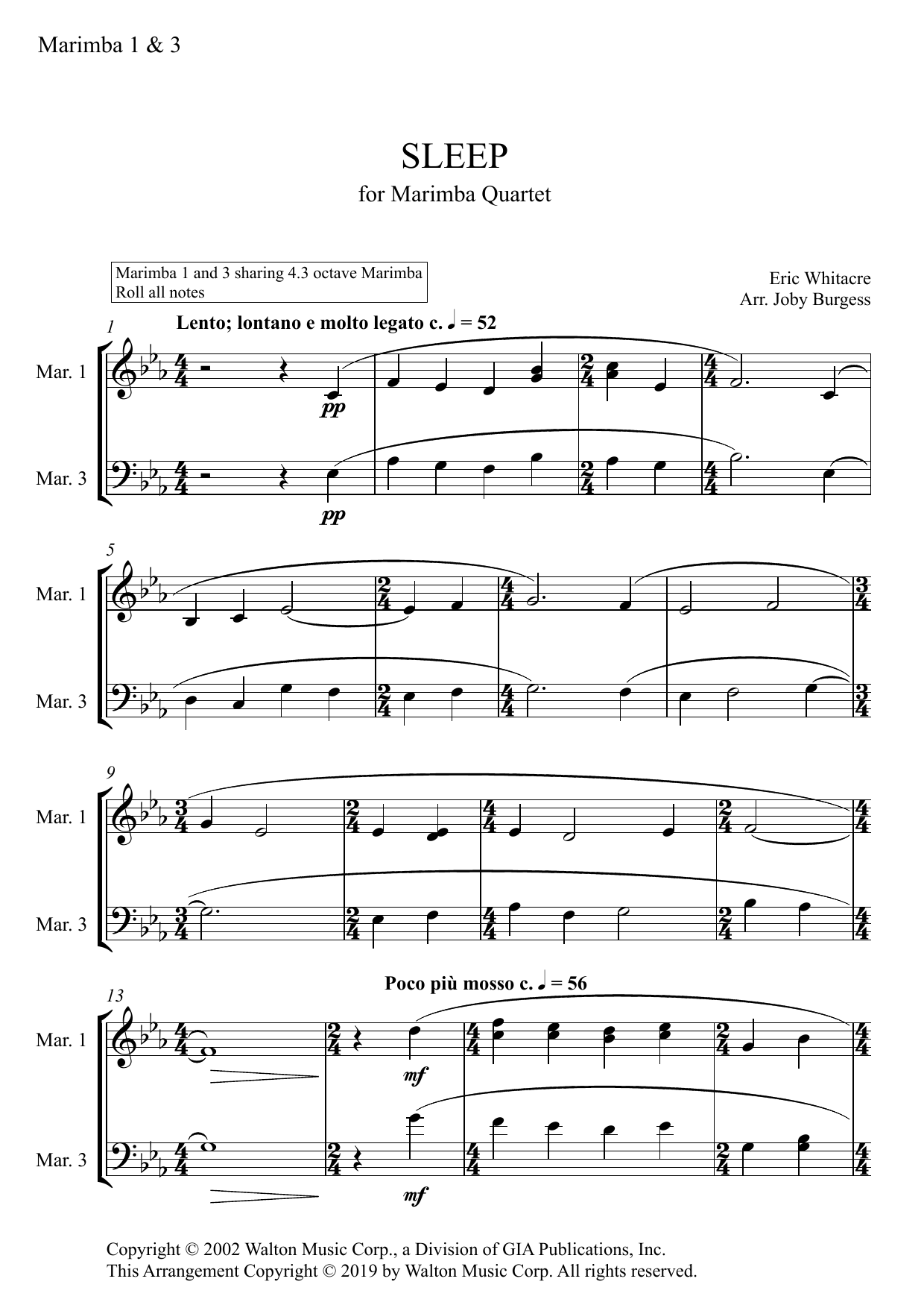 Eric Whitacre Sleep for Marimba Quartet (arr. Joby Burgess) - MARIMBA 1 & 3 sheet music notes and chords arranged for Percussion Ensemble