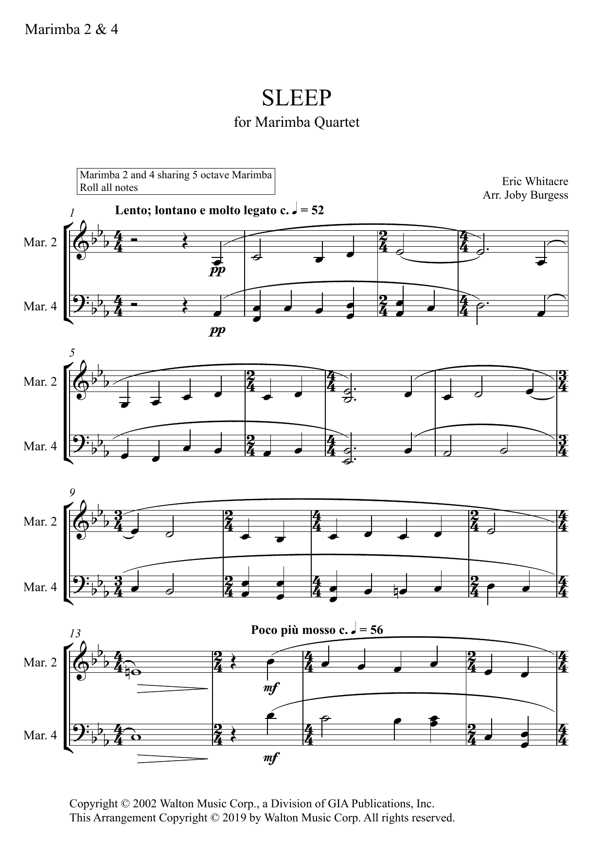 Eric Whitacre Sleep for Marimba Quartet (arr. Joby Burgess) - MARIMBA 2 & 4 sheet music notes and chords arranged for Percussion Ensemble
